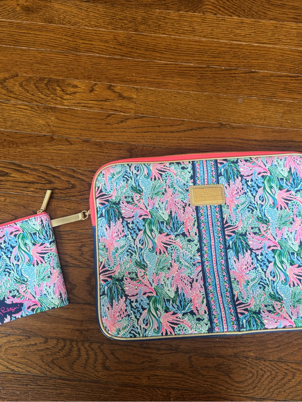 Like New Lilly Pulitzer Pink, Blue & Green Tropical Laptop Sleeve with Wristlet